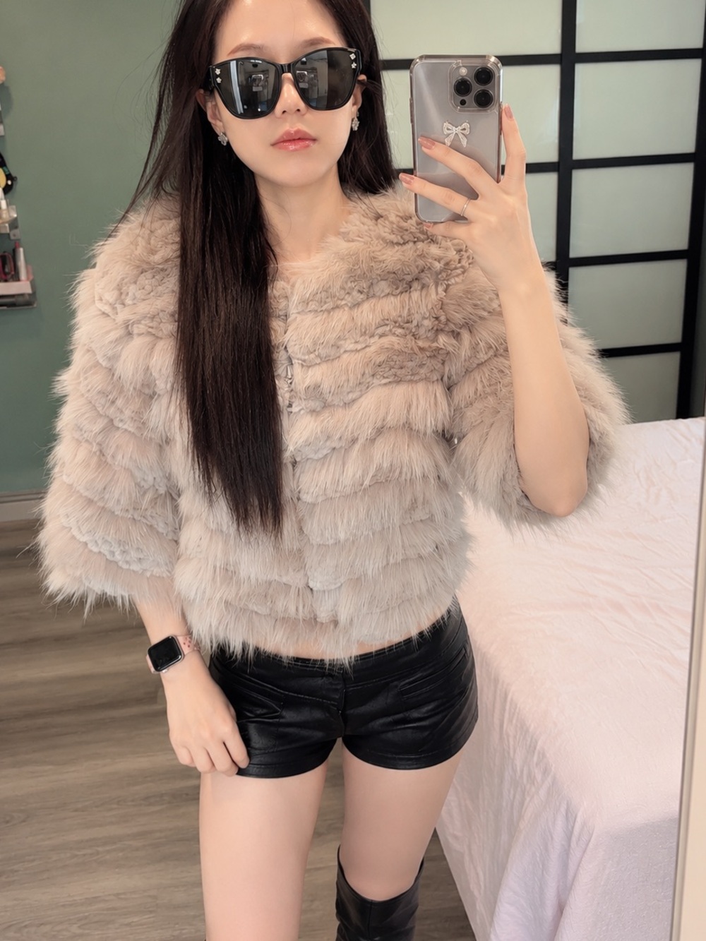 Vintage Fox Fur & Rabbit Fur Cropped Jacket Genuine Leather Trim XS/S